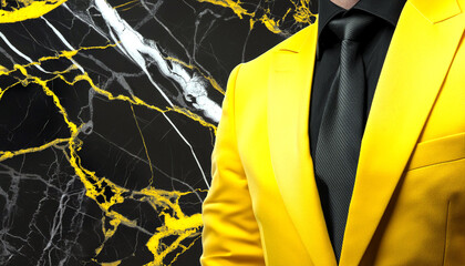Trendy new yellow suit with black shirt and tie for stylish CEO. Showroom display in front of an exquisite marble backdrop.
