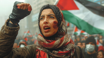Empowered Arab Woman Protesting with Palestinian Flag, Fist Raised in Solidarity