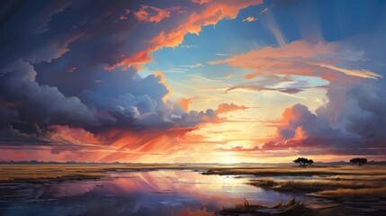 a watercolor wilderness, large sky, abstract, rule of thirds, complimentary colors, skillful lighting, reverent and tranquil, tranquil, oil painting, AI Generative