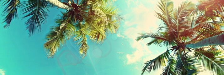 Blue sky and palm trees view from below, vintage style, tropical beach and summer background, travel concept banner