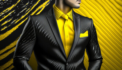 Confident and handsome Caucasian man wearing trendy new black suit with yellow shirt