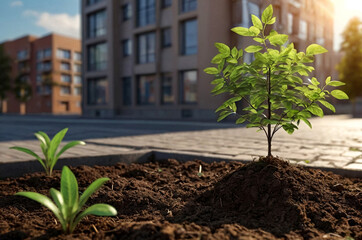 Planted young sapling of trees in an urban environment on territory of house. Background for gentrification of city. Concept of landscaping, nature, environment and ecology. Copy space