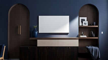  Dark blue wall in night time have tv on wood cabinet in living room with sofa 