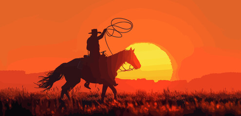 a silhouette of a cowboy on a horse with a lasso - obrazy, fototapety, plakaty