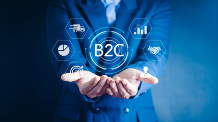 B2C, Business to customer marketing strategy concept. Business strategy, communication, feedback, online marketing and E-commerce marketing strategy.