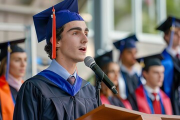  young student man giving graduation speech to other graduated people from the year group while wearing traditional college regalia and gown 