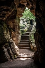Obraz premium a serene stone passage leading to stairs and another tunnel, surrounded by greenery, evoking curiosity