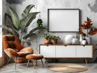 Clean Elegance: White Frame Mockup in Minimalist Living Room with Sleek Design