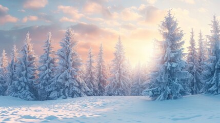 A panoramic view of a snow-covered landscape with evergreen trees dusted in frost, illuminated by soft light