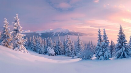 Obraz premium Snow-covered landscape with frost-dusted evergreen trees and distant mountains under soft light