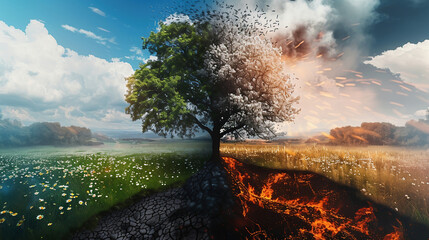 One half shows half a green tree, a meadow with green grass and daisies, a blue sky and white clouds. The other half depicts half a burnt tree, earth cracked by drought and fires - obrazy, fototapety, plakaty