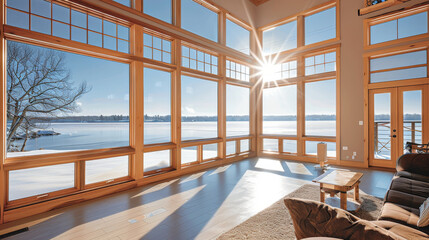 A sunlit room with panoramic windows overlooking a tranquil frosty lake