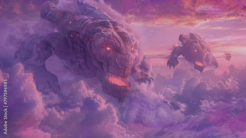 Wall mural view of the sky with lightning and large monsters . seamless looping time-lapse virtual video animat