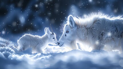 A magical encounter under the moonlight where a baby mountain goat and a baby serow touch noses, surrounded by twinkling stars and soft mist