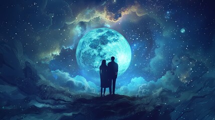 Starry night couple gazing at a giant moon fantasy scene