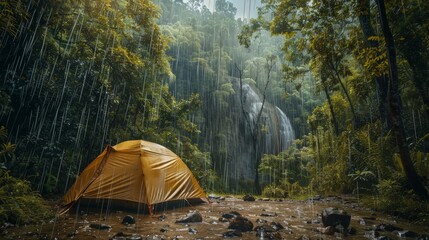 A tent is pitched up in the middle of a dense forest with rain pouring down