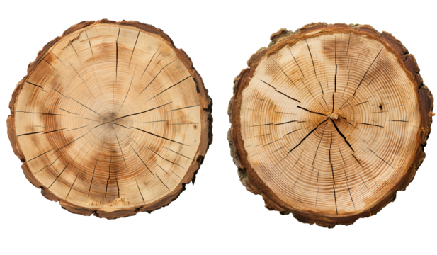 Set of cut tree stumps isolated on a white background.