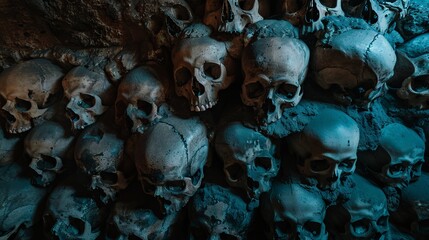 Mysterious catacomb skulls in shadowy ambiance
