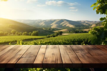 Wooden table in front of vineyards in Tuscany, Italy