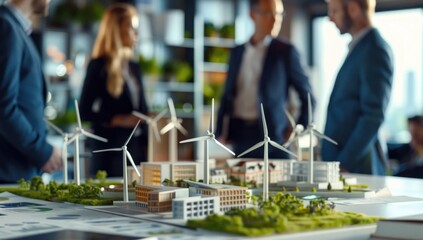 Une maquette d'une ville avec des bâtiments éco-responsable avec des éoliennes, symbolisant la technologie écologique pour le développement durable, arrière-plan flou avec hommes et femmes d'affaires.