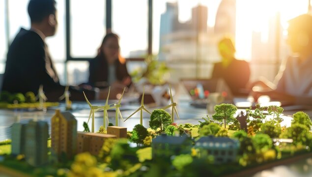 Une maquette d'une ville avec des b&acirc;timents &eacute;co-responsable avec des &eacute;oliennes, symbolisant la technologie &eacute;cologique pour le d&eacute;veloppement durable, arri&egrave;re-plan flou avec hommes et femmes d'affaires.