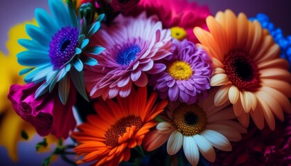 close-up of a bouquet of bright flowers, chrysanthemums. The flowers are mostly pink, yellow and orange, but also blue and purple.