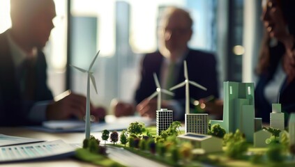 Une maquette d'une ville avec des bâtiments éco-responsable avec des éoliennes, symbolisant la technologie écologique pour le développement durable, arrière-plan flou avec hommes et femmes d'affaires.