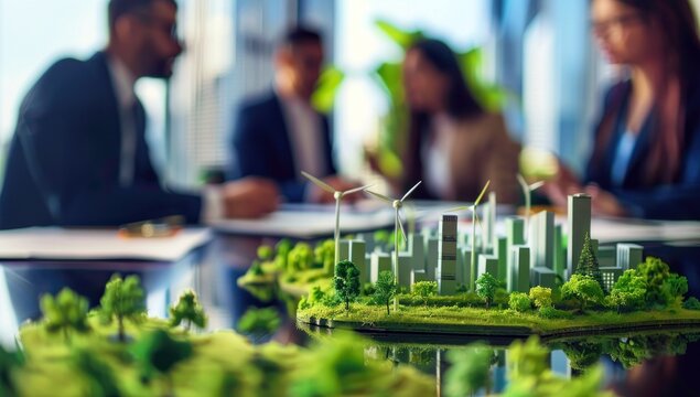 Une maquette d'une ville avec des b&acirc;timents &eacute;co-responsable avec des &eacute;oliennes, symbolisant la technologie &eacute;cologique pour le d&eacute;veloppement durable, arri&egrave;re-plan flou avec hommes et femmes d'affaires.