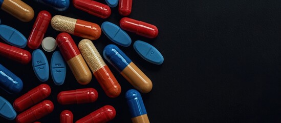 Médicaments de couleur rouge, bleu et orange sur fond sombre, image avec espace pour texte.