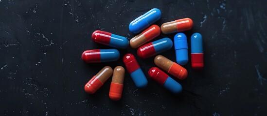 Médicaments de couleur rouge, bleu et orange sur fond sombre, image avec espace pour texte.
