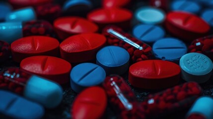 Médicaments de couleur rouge et bleu sur fond sombre.