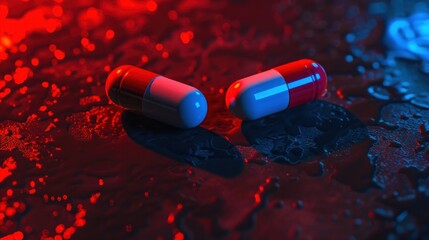 Médicaments de couleur rouge et bleu sur fond sombre, image avec espace pour texte.