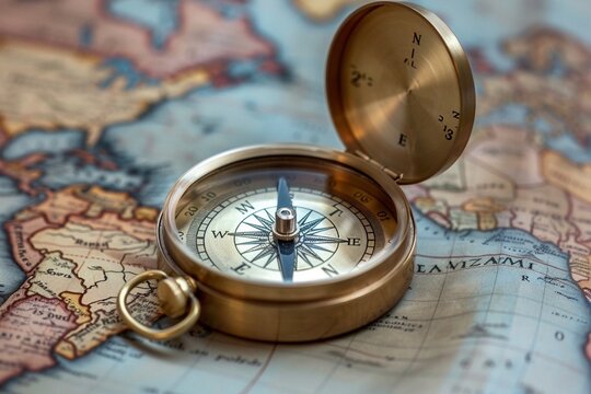 A compass is on a map of the world