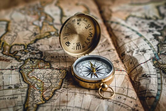 A compass is on a map of the world