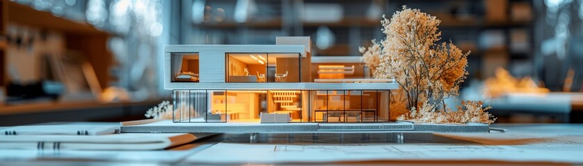 An architectural design of a house in a 3D model stands on the office desk , with paper plan of an architect and engineer who created a unique concept for a new building