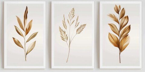 Botanical abstract leaves wall art. Foliage and branches with golden, brown and beige colors. Shapes, ornaments and patterns for wallpaper. Cartoon flat illustrations. High quality photo