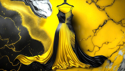 Long luxurious yellow and black dress for nightlife evening wear or new fashion model