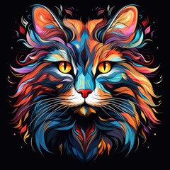a portrait Illustration Cat Alice in Wonderland on a black background with vibrant neon colors