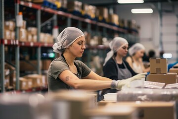 Obraz premium Workers packaging goods for shipment in a fulfillment center