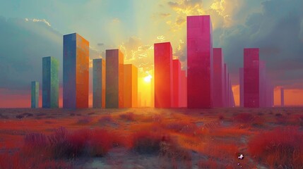 Bold colors depict a surreal world of city skyscrapers amidst the vast Texas prairie, a visual paradox. 