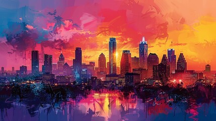 Bold strokes depict a fusion of city towers and Texan rednecks, evoking contrasts and cultural intersection. 