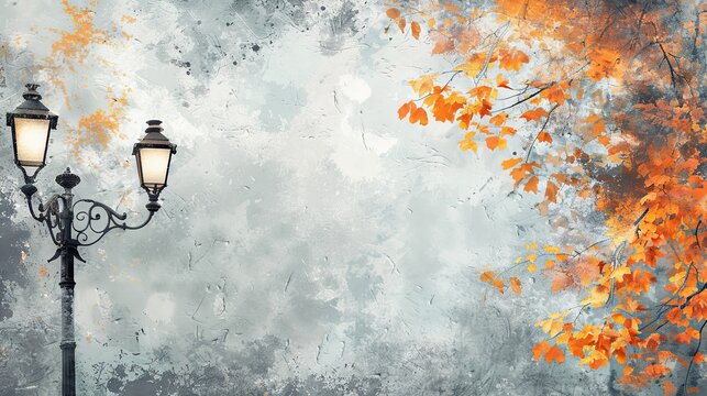 Vintage street lamps with autumn leaves on a textured background