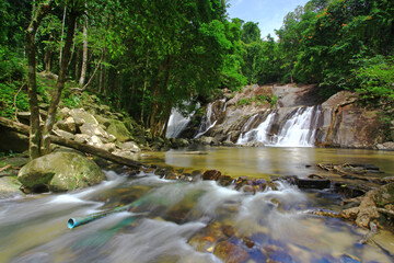 Scenic of namtok ton nga chang waterfall or The Elephant Tusks Waterfall at Tone Nga Chang wildlife sanctuary in Songkhla Province, Thailand 