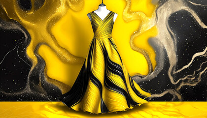 Long stunning yellow and black charmeuse evening dress on showroom display. Luxurious abstract background.
