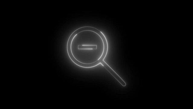 Neon glowing white color zoom out icon on black background animation