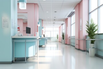 Interior of modern hospital hall with blue reception desk. 3d render