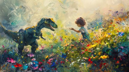 Impressionist-style painting of child and small dinosaur meeting in meadow full of wildflowers - obrazy, fototapety, plakaty