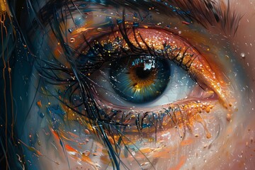 Fluorite is a captivating oil artwork, a conceptual closeup of an eye portrayed with rich, colorful layers. 