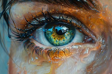 Fluorite is a captivating oil artwork, a conceptual closeup of an eye portrayed with rich, colorful layers