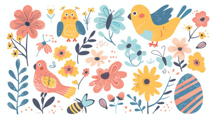 Fototapeta na wymiar Spring elements collection - cute birds bees flowers